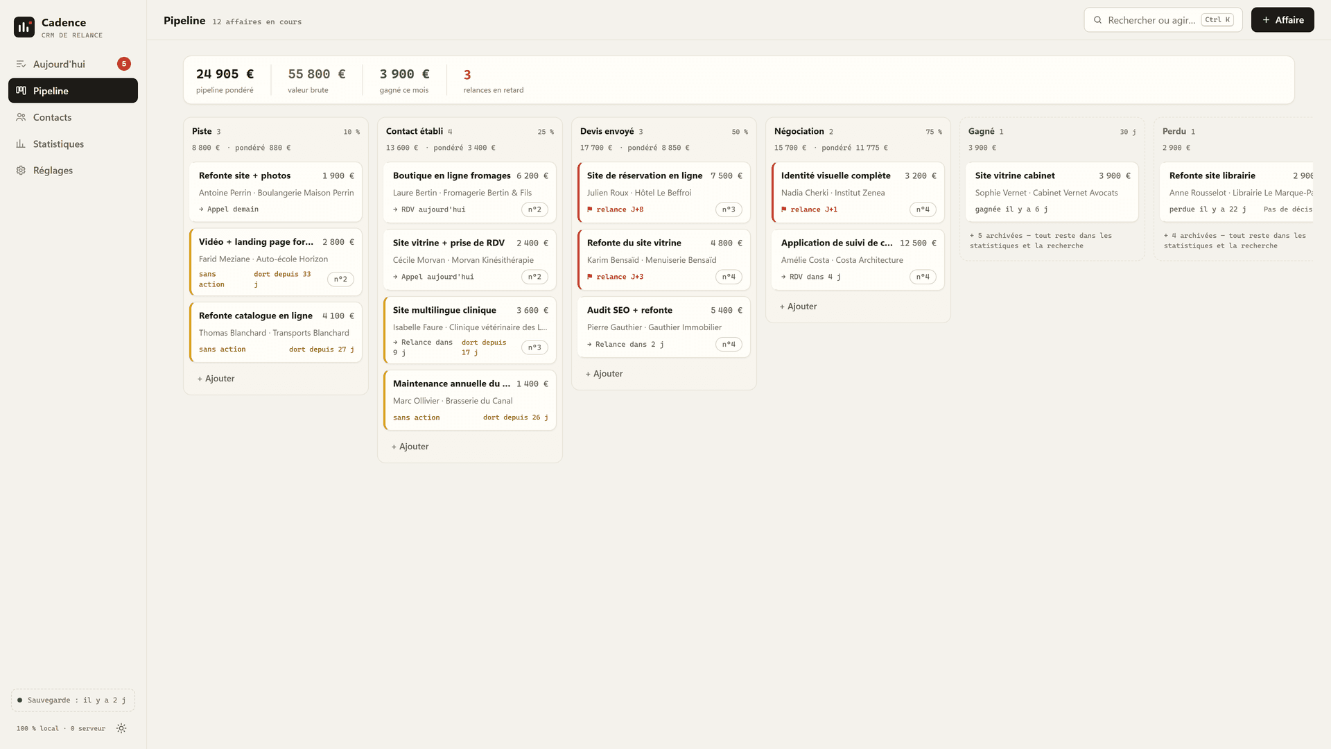 Cadence — CRM de relance open source dans un seul fichier HTML