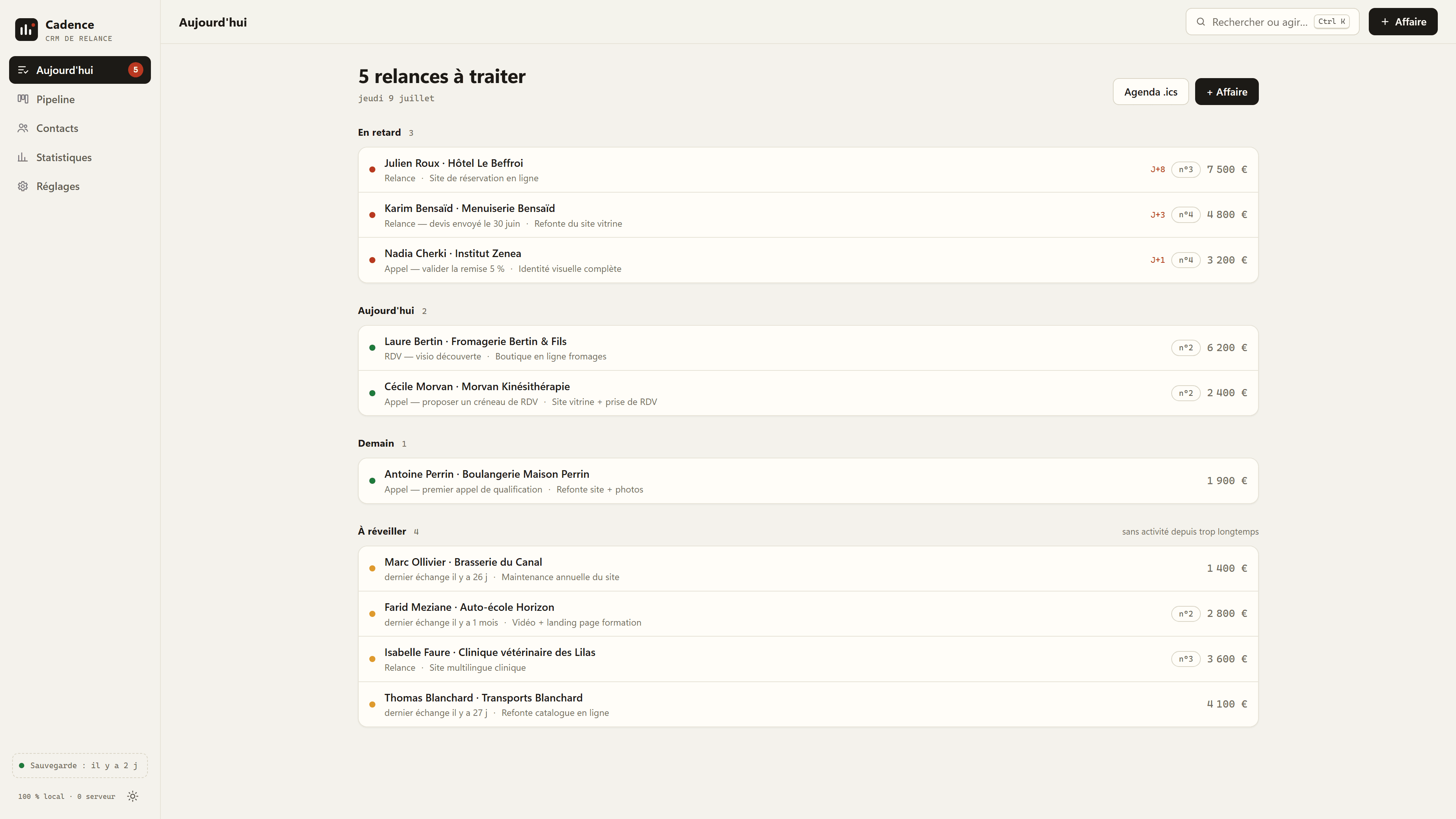 Cadence — CRM de relance open source dans un seul fichier HTML